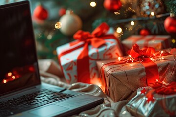 Aufkleber - Laptop computer sitting on top of a bed next to a Christmas tree. Perfect for holiday-themed work or online shopping during the festive season