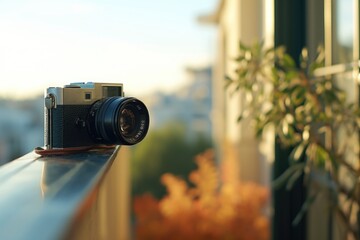 Wall Mural - A camera placed on a window sill, ready to capture the world outside. Perfect for illustrating photography, technology, or creativity concepts