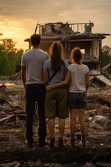 Wall Mural - back view of refugee family looking at destroyed home after war, desperate people near demolished house after natural disaster