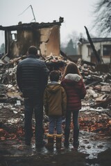 Wall Mural - back view of refugee family looking at destroyed home after war, desperate people near demolished house after natural disaster