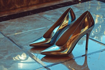 Sticker - A pair of shiny high heeled shoes placed on a tiled floor. Perfect for fashion and footwear related designs