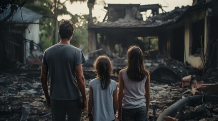 Wall Mural - back view of refugee family looking at destroyed home after war, desperate people near demolished house after natural disaster