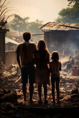 Wall Mural - back view of refugee family looking at destroyed home after war, desperate people near demolished house after natural disaster