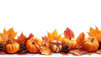 Poster - A row of small pumpkins and pine cones. Perfect for autumn and Thanksgiving-themed designs