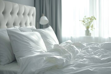 Poster - An unmade bed with white sheets and pillows. Suitable for interior design or home decor themes