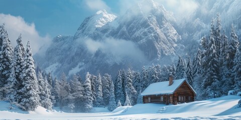 Canvas Print - A cozy cabin nestled in the middle of a snowy forest. Perfect for winter-themed projects and holiday designs