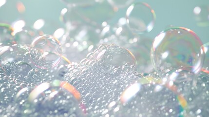 Poster - A bunch of soap bubbles floating on top of each other. Can be used as a background or for illustrations related to cleanliness, purity, or childhood