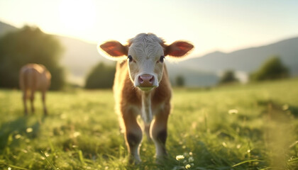 Canvas Print - Cute cow grazing in green meadow, enjoying the summer sunlight generated by AI