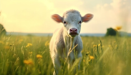 Canvas Print - Cute cow grazing in green meadow, surrounded by tranquil nature generated by AI