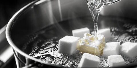 Canvas Print - A pan filled with sugar cubes and butter, ready for cooking or baking. Perfect for recipes or food-related projects