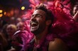 Hombre riendo a carcajadas, viendo el espectáculo de carnaval, con un disfraz de plumas de colores vibrantes, Close-up, primer plano, movido espíritu festivo, disfrutando de la fiesta, rosa vivo