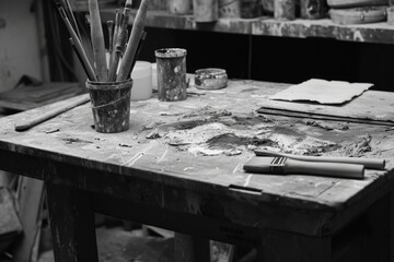 Poster - A collection of paint brushes neatly arranged on a wooden table. Perfect for art supplies or creative projects