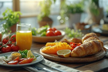 Poster - A table filled with plates of delicious food and a refreshing glass of orange juice. Perfect for showcasing a meal or promoting a healthy lifestyle