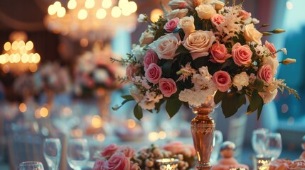 Poster - A vase of flowers sitting on a table. Can be used as a decorative element or to add a pop of color to any space