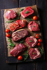 Poster - Raw meat and fresh cherry tomatoes are displayed on a cutting board. This image can be used to depict food preparation, cooking, or meal planning