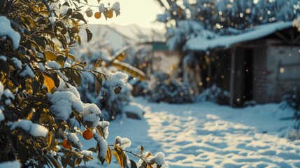 Poster - A picture of a tree covered in snow next to a building. Perfect for winter-themed projects