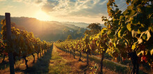 A Panoramic Scene Of Rolling Vineyards At Sunset In A Peaceful Countryside,