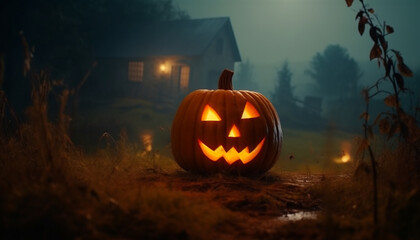 Poster - Spooky pumpkin glows in the dark, evoking Halloween horror generated by AI