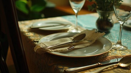 Poster - A picture of a table setting with silverware and a vase of flowers. Perfect for home decor or dining-related projects