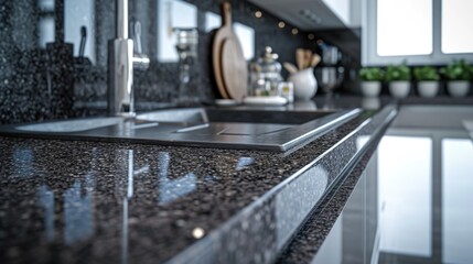 Poster - A kitchen counter featuring a sink and a cutting board. Perfect for showcasing a functional and organized kitchen space.