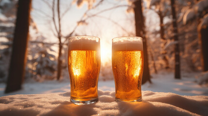 Product photograph of Two Beer pint glass in the snow In a winter forest. Sunlight.  Orange color palette. Drinks. 