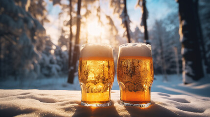 Product photograph of Two Beer pint glass in the snow In a winter forest. Sunlight.  Blue color palette. Drinks. 