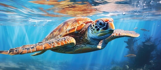 Wall Mural - Bitten sea turtle swims in blue water, missing flippers.