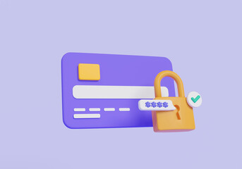 Poster - Credit card with padlock and password and approved. Payment protection concept. secure credit card transaction, password security access, secure payment, online payment. 3d icon rendering illustration