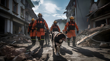 Rescue team with their K9 search and rescue dogs. mobilizing in search of earthquake survivors amid the rubble of a collapsed building