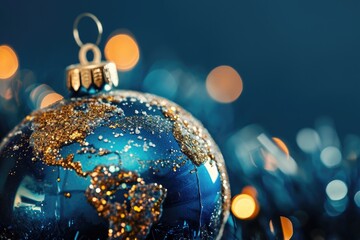Poster - A festive blue and gold Christmas ornament illuminated by twinkling lights. Perfect for holiday decorations and greeting cards