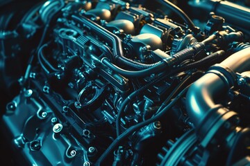 Poster - A detailed close up view of a car engine. Perfect for automotive enthusiasts or mechanics.