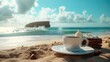 A cup of coffee sitting on top of a sandy beach. Perfect for travel and relaxation themes