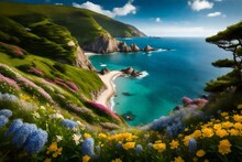 A lush coastal hillside blooming with spring flowers, descending towards a secluded cove with clear blue waters.