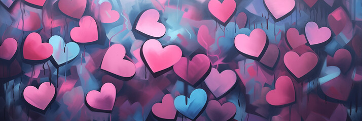 Wall Mural - Valentines day watercolor abstract hearts background banner, art aquarelle painting illustration. Panoramic web header with copy space. Wide screen wallpaper
