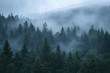 Poster - A misty forest landscape with an abundance of tall pine trees. Ideal for nature-themed designs and backgrounds