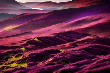 Wall Mural - In the early morning light, the Scottish Highlands come alive with the vibrant purples of blooming heather covering the undulating hills, creating a scene of tranquility.