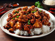 General Tso's chicken, with crispy golden-brown pieces coated in a tangy, spicy sauce.