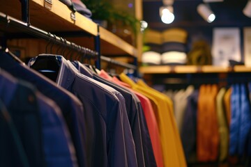 Aufkleber - A row of shirts hanging on a rack in a store. Suitable for fashion retail or clothing store concepts
