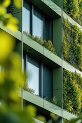 Aufkleber - A picture of a modern green building with lush plants growing on the balconies. This image can be used to showcase sustainable architecture and eco-friendly living spaces