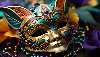 Wall Mural - Colorful feathers adorn a golden Mardi Gras mask generated by AI