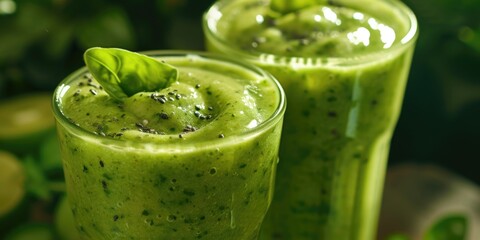 Poster - A couple of glasses filled with green smoothie, perfect for a healthy lifestyle or a refreshing drink option.