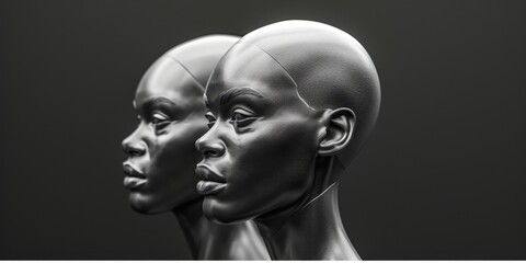 Poster - Two mannequin heads in black and white. Suitable for fashion design, art projects, or advertising campaigns
