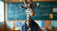 A Giraffe As A School Teacher Wearing Human Clothes And Glasses Standing In A Classroom