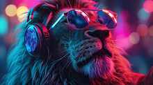 A Lion Wearing Over The Ear Headphones And Rave Sunglasses Getting Ready To Party