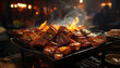 Grilled meat on a skewer, flames dancing, creating a delicious barbecue generated by AI