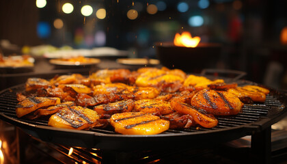 Canvas Print - Grilled meat sizzles on the barbecue, a summer party delight generated by AI