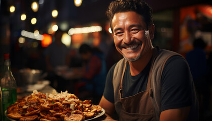 Sticker - A cheerful man cooking outdoors, enjoying a meal with confidence generated by AI