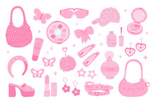 Barbiecore Set Of Items, Pink Glamorous Accessories, Cosmetics, 90s, 2000s Teen Girl Style, Nostalgia, Butterfly, Heart Shape, Trendy Vector Illustration