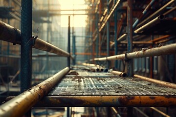 Poster - A metal grate with numerous pipes in a building. Suitable for industrial and construction themes