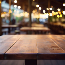 Wooden Table Blurred Background Of Restaurant Of Cafe With Bokeh